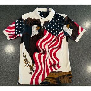 Vintage Cotton Sport All Over Eagle American Flag Polo‎ Medium
